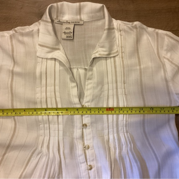 American Rag Cie XXS Peasant Pleated Front Blouse Tie Back White W Tan Stripes - Picture 8 of 9